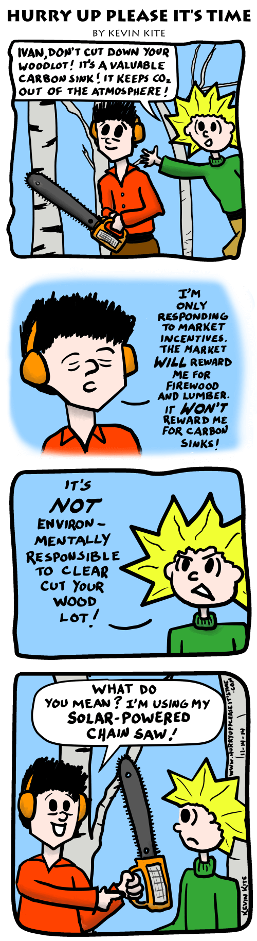 a HURRY UP PLEASE IT'S TIME comic - solar-powered chain saw